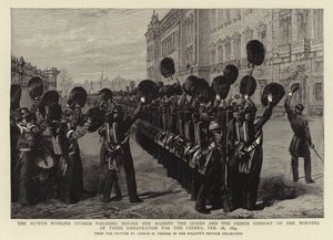 De Schotse Fusilier Guards paraderen voor Hare Majesteit de Koningin en de Prins-gemaal op de ochtend van hun inscheping naar de Krim, 28 februari 1854 door George Housman Thomas