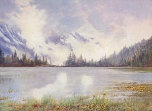 Lac Champex in wolkenland eind mei; Caltha palustris en Primula farinosa aan de waterkant door George Jackson Flemwell