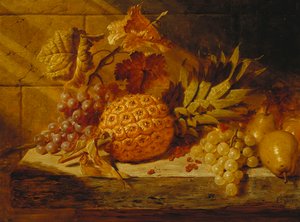 Zwarte en witte druiven, peren, rode bessen en een ananas op een richel, 1845