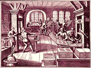 Binnen in een drukkerij, Duitsland 1619
