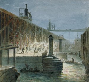 Sloopwerkzaamheden aan Blackfriars Bridge vanaf de Surrey-oever, Londen, 1865