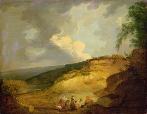 Een uitgestrekt berglandschap met een zigeunerkamp op de voorgrond door George Morland