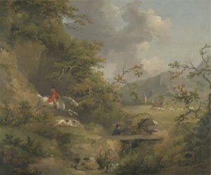Vossenjacht in heuvelachtig gebied door George Morland