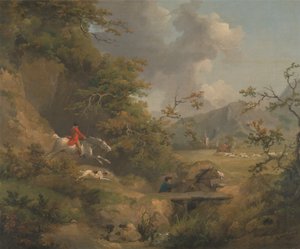 Vossenjacht in heuvelachtig land door George Morland