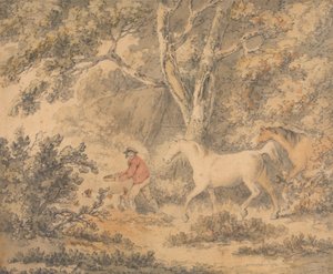 Landschap met paarden, boer en hond door George Morland