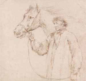Man die paard bij het hoofdstel houdt door George Morland