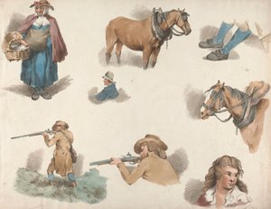 Set van Vijf: Acht studies: Vrouw met Mand, Geblindeerd Paard, enz.