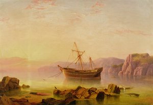 Een schip voor anker in een baai bij zonsondergang