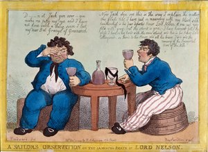 Een zeemans observatie over de betreurde dood van Lord Nelson, gegraveerd door Thomas Rowlandson, gepubliceerd door Rudolph Ackermann, 3 december 1805