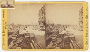 Stereofoto van kluizen uit de ruïnes op Dearborn Street na de brand van Chicago in 1871, 1871
