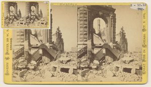 Stereofoto van het Bryan Block op de noordwestelijke hoek van Monroe en LaSalle Streets na de brand van Chicago in 1871, 1871
