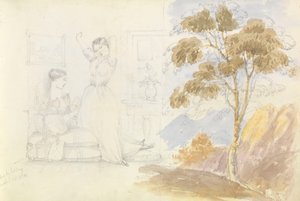 Schets van twee jonge vrouwen, een zittend en lezend de ander zich uitrekkend en geeuwend (getekend door Lord Bury) met een tekening van een boom ernaast