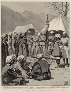 De expeditie tegen de Bunerwals, inboorlingen geven wapens over en betalen hun boetes door George Percy Jacomb Hood
