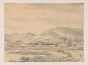 Heuvellandschap met enkele huizen en links een rivier door George Pieter Westenberg