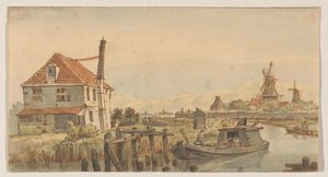 Vaart met een boot, een huis en twee molens door George Pieter Westenberg