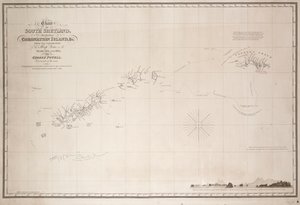Kaart van Zuid-Shetland inclusief Coronation Island, van de verkenning van de sloep Dove in de jaren 1821 en 1822 door George Powell, commandant van dezelfde door George Powell