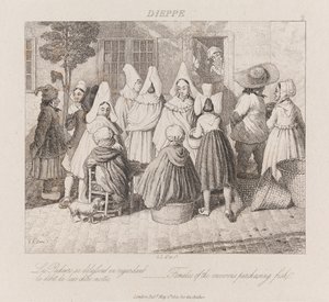 Vrouwen die vis kopen, Dieppe, ca. 1821 (ets) door George Robert Lewis