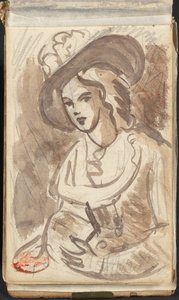 Portret tot halve lengte van een dame met een hoed door George Romney