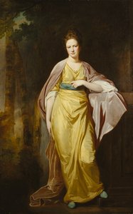 Portret van mevrouw Ellen Morewood, volledig lengte, in een gele jurk, blauwe sjerp en mauve omslagdoek, leunend met haar linkerarm op een voetstuk