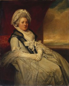 Portret van mevrouw Uppleby, zittend driekwart lengte, met een witte jurk en hoed met een zwarte sjaal
