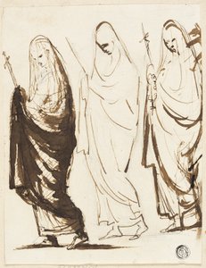 Processie van Drie Gedrapeerde Vrouwen met Kruisen of Scepters door George Romney