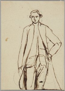 Staand mannelijk figuur, linkerhand op de heup, portretstudie door George Romney