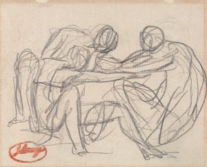 Twee geknielde figuren worstelen met een zittende figuur door George Romney