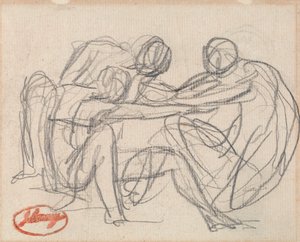 Twee knielende figuren die worstelen met een zittende figuur door George Romney