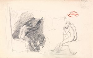 Twee schetsen van een zittend mannelijk naakt, achteraanzicht door George Romney