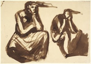 Twee afbeeldingen van Medea die nadenkt over de moord op haar kinderen door George Romney