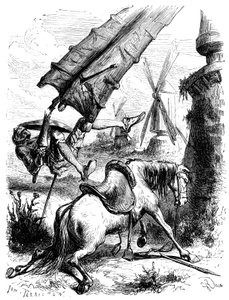 Strijd tegen de molens: Don Quichot en Rossinante worden op de grond gegooid door de vleugel van een molen door George Roux