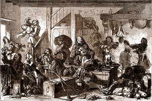 Dragonnades: vervolgingen gericht tegen de protestantse gemeenschappen van het Koninkrijk Frankrijk tijdens de jaren 1680. 19e eeuw (gravure) door George Roux
