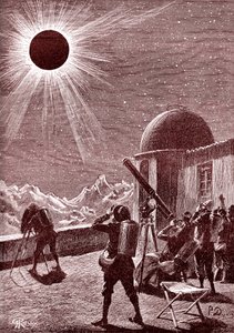 Ontdekkingsreizigers in de Afrikaanse woestijn kijken naar de zonsverduistering. 1888 (gravure)