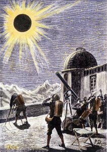 Mensen kijken naar de zonsverduistering - in "De Ballingen van de Aarde" door André Laurie, illustratie door Georges Roux. Editions Hetzel