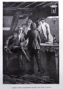 Verhaal scène op het scheepsplein: jonge Jim Hawkins voor Dr. Livesey en de Chevalier Trelawnay - in Stevenson