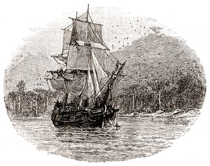 De Hispaniola gaat voor anker bij het eiland door George Roux