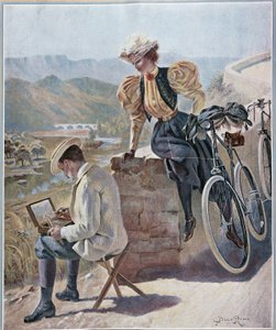 Aquarel en fietsen - lithografie door Georges Roux, circa 1900