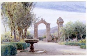 Een Italiaanse tuin met een fontein en twee bogen