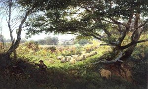 Een herdersjongen en kudde schapen