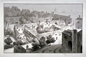 Vogelvlucht van het paleis van de bisschop van Winchester, Southwark, Londen, ca. 1820