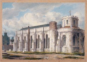 Uitzicht op Temple Church vanaf het kerkhof, City of London, 1811 door George Shepherd