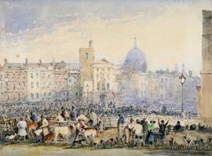 Uitzicht op Smithfield Market met figuren en dieren, City of London, 1824 door George Sidney Shepherd