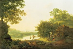 Appelplukkers, bij een huisje in een bosrijk landschap met Chichester op de achtergrond
