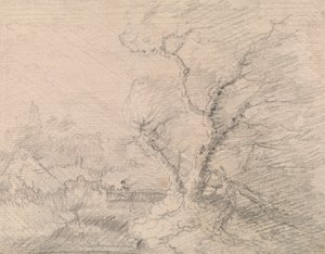 Landschap met voetbrug en grote boom door George Smith