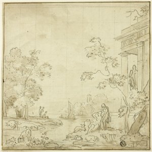 Havengezicht met figuren, Tempel