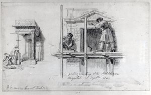 Het oprichten van portieken in Newham Street en Middlesex Hospital, Londen door George Snr Scharf