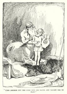 Jason en de Argonauten: "Toen gaf Cheiron hem de lier en leerde hem spelen" (litho)