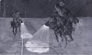 Op een Mantsjoerijse spoorweg: Nachtpatrouille, illustratie uit Cassells History of the Russo-Japanese War Vol 1, ca. 1900 door George Soper