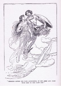 Perseus tilde zijn mooie Andromeda in zijn armen en vluchtte met haar naar de kliftoppen, uit The Heroes gepubliceerd door George Allen en Unwin 1929 door George Soper