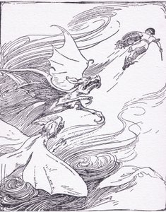 Perseus bloed liep koud voor al zijn moed toen hij hen zag komen huilen op zijn spoor, uit The Heroes gepubliceerd door George Allen en Unwin 1929 door George Soper